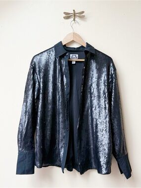 Sleeve Black Sequin Button-Down Shirt Size Small